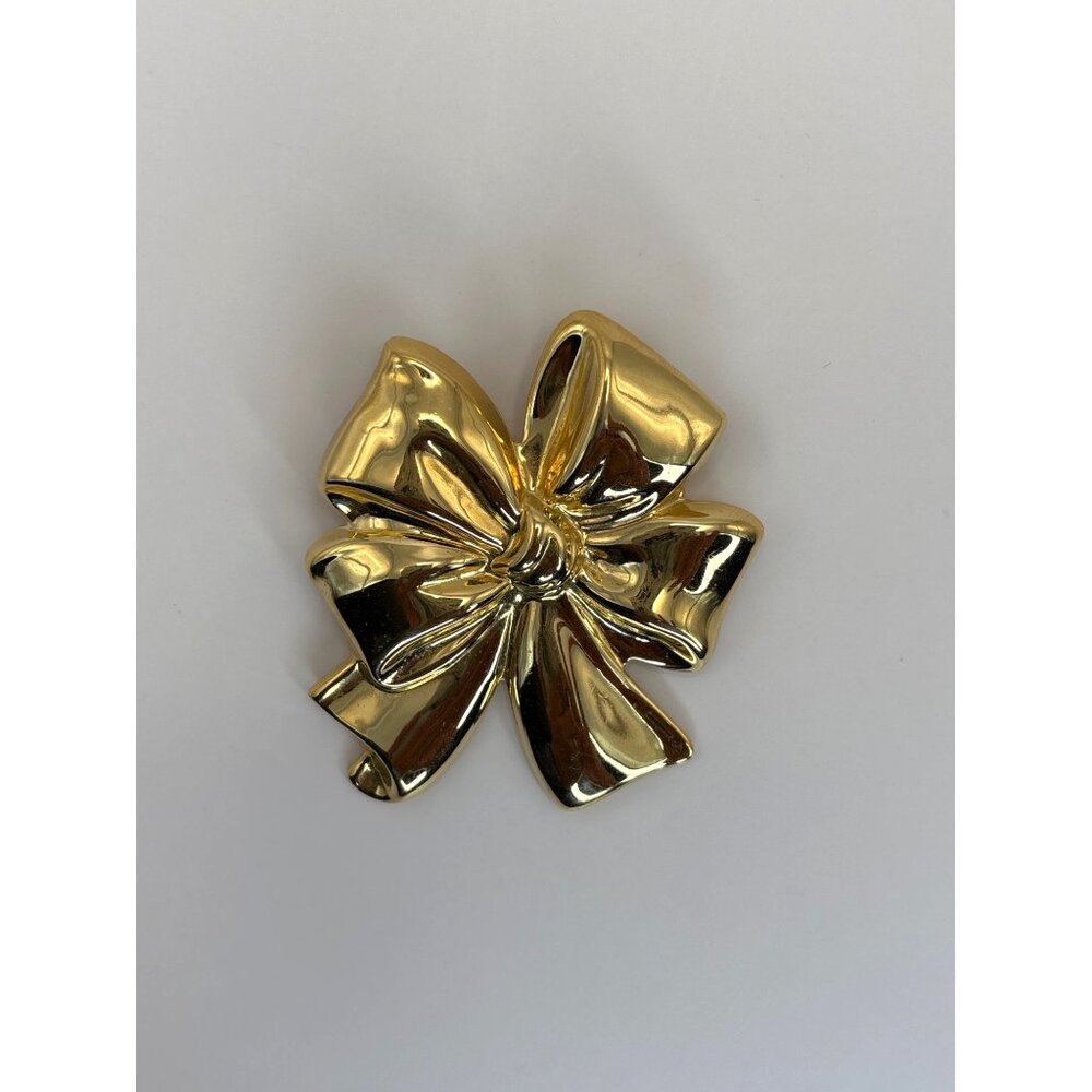 Vintage Gold Tone Ribbon Bow Shiny Brooch Pin